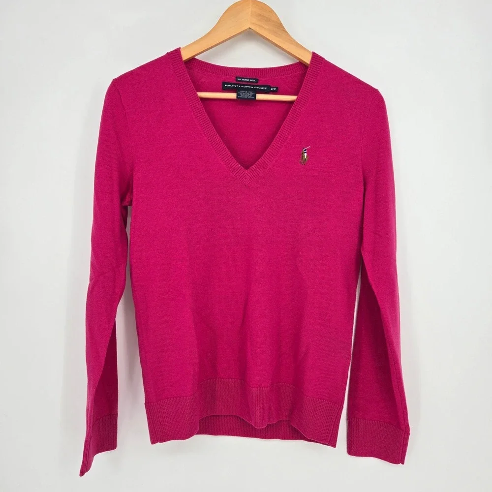Small Holes - Ralph Lauren Sport 100% Merino Wool Womens S Pink V-Neck Sweater